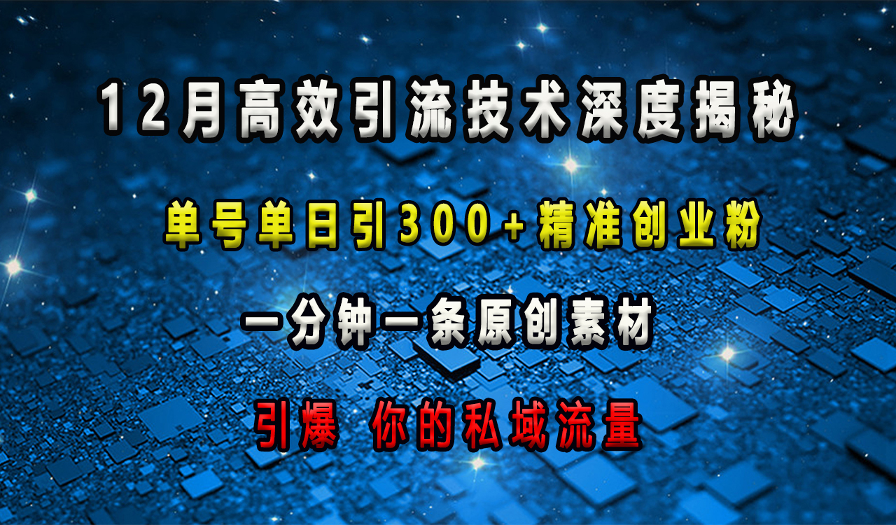 12月高效引流技术深度揭秘 ，单号单日引300+精准创业粉，一分钟一条原创素材，引爆你的私域流量-91集赚创业网