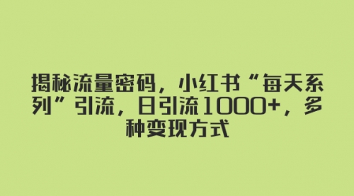 【副业项目8381期】揭秘流量密码，小红书“每天系列”引流，日引流1000+，多种变现方式-91集赚创业网