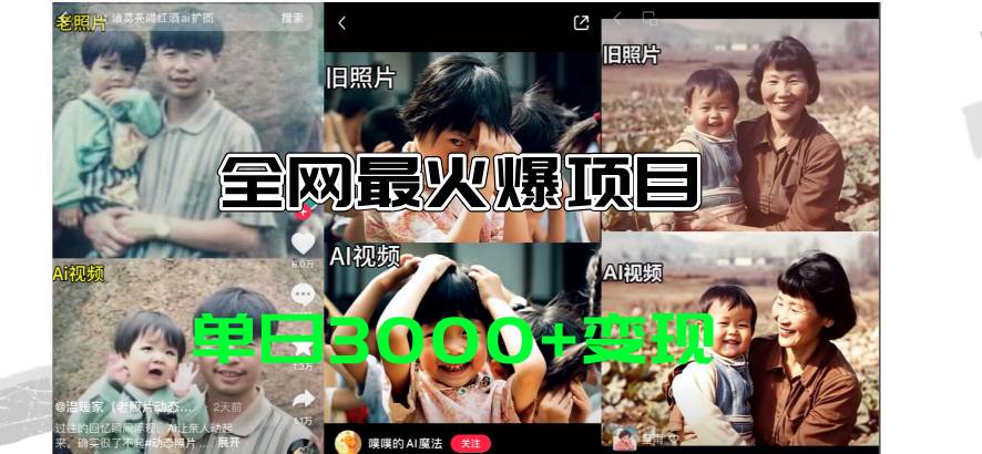 全网爆火的AI让老照片动起来教程，蹭热点日赚3000+，内含免费工具一键…-91集赚创业网