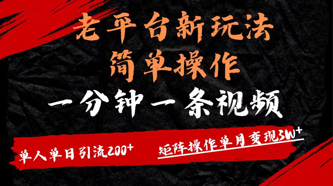 老平台，新玩法，简单操作，一分钟一条视频，单人单人引流200+矩阵操作，单月变现3W-91集赚创业网