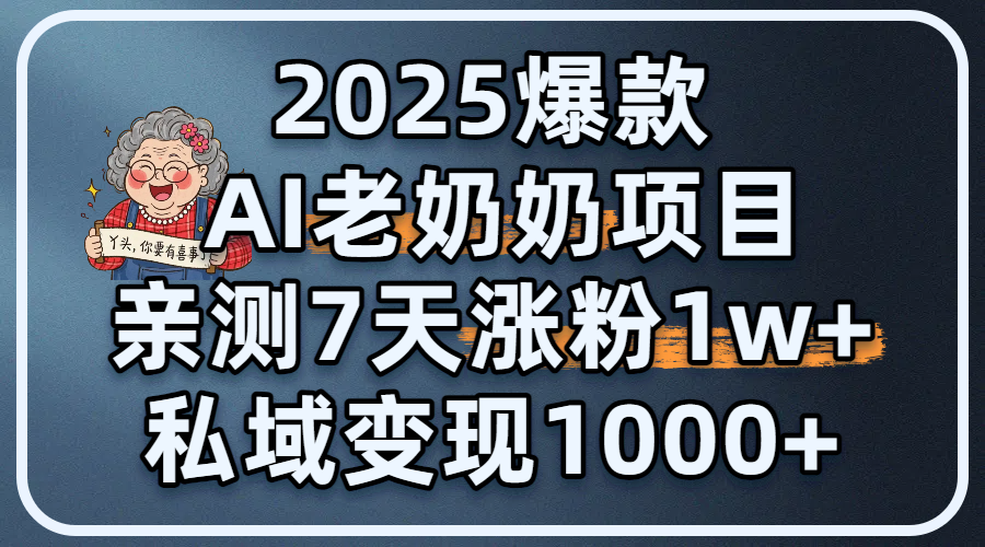 2025爆款 AI 老奶奶项目：亲测 7 天涨粉 1W+，私域变现 1000+-91集赚创业网