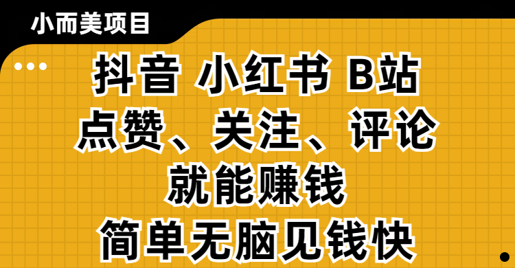 小而美的项目,抖音、小红书、B站视频点赞、关注、评论就能赚钱,简单无脑立见收益!妥妥的零撸项目-91集赚创业网