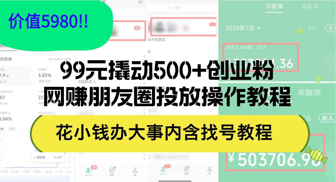 99元撬动500+创业粉，网赚朋友圈投放操作教程价值5980！花小钱办大事内…-91集赚创业网